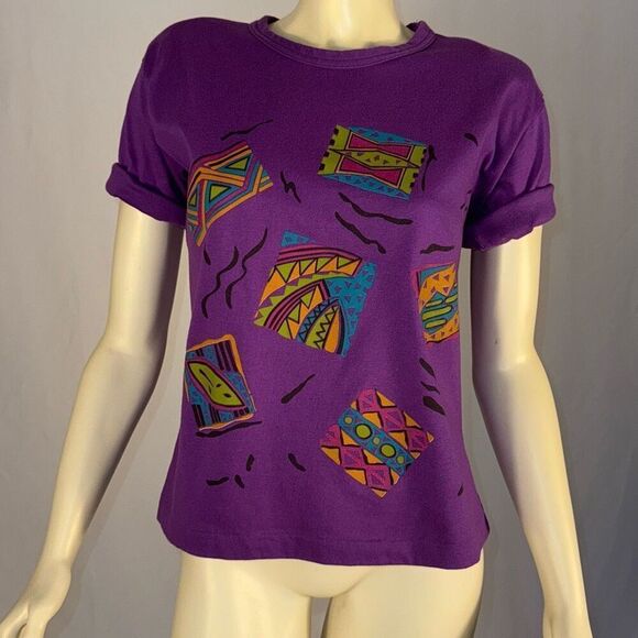 Vintage 80’s Purple Geometric Bold Shoulder T-Shirt Women’s Size MP - Picture 1 of 12